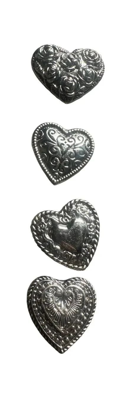 Set Of 4 Aged Silver Tone Scroll Work Heart Shaped Button Covers Western Wear